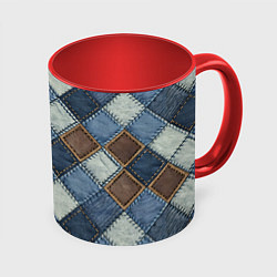 Кружка 3D Джинсовый пэчворк ромбовый узор, цвет: 3D-белый + красный