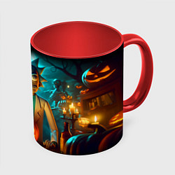 Кружка 3D Morty and Rick with pumpkin - neon halloween, цвет: 3D-белый + красный