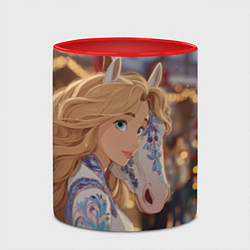 Кружка 3D Блондинка с новогодней лошадкой, цвет: 3D-белый + красный — фото 2