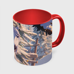 Кружка 3D Белая лошадь на фоне елки, цвет: 3D-белый + красный
