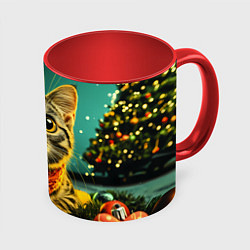 Кружка 3D Удивленный новогодний котик, цвет: 3D-белый + красный