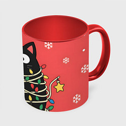 Кружка 3D Котик в гирлянде, цвет: 3D-белый + красный