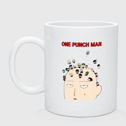 Кружка керамическая Все персонажи One Punch-Man на голове Сайтамы, цвет: белый