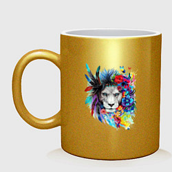 Кружка керамическая Лев в цветах и перьях, цвет: золотой