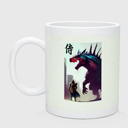 Кружка керамическая Самурай против тираннозавра - нейросеть, цвет: фосфор