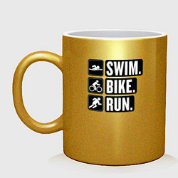 Кружка керамическая Swim bike run, цвет: золотой
