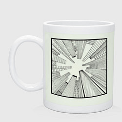 Кружка керамическая Небоскребы: перспектива города снизу в стиле графи, цвет: фосфор