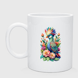 Кружка керамическая Голубая птица с хохолком среди цветов, цвет: белый