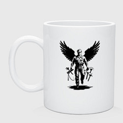 Кружка керамическая Крылатый мастер с инструментами, цвет: белый