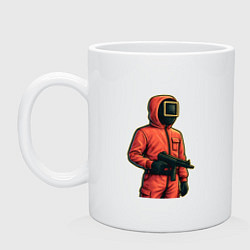 Кружка керамическая Игра в кальмара - страж с пулеметом, цвет: белый