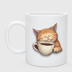 Кружка керамическая Уставший кот спит на кружке с кофе, цвет: белый