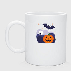 Кружка керамическая Хэллоуин графический коллаж с черепом, летучей мыш, цвет: белый