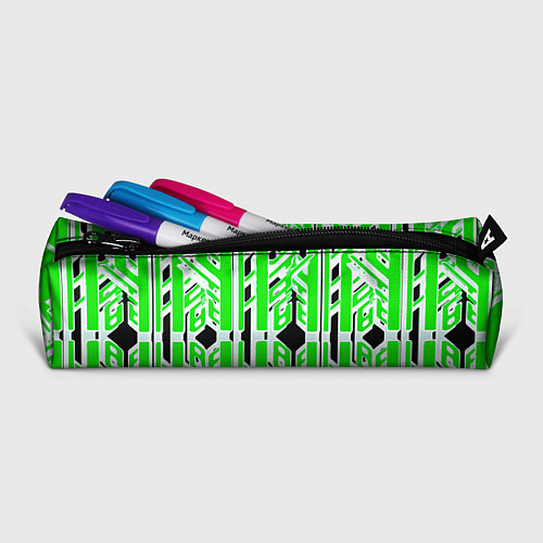 Пенал Бело-зелёные техно полосы на чёрном фоне / 3D-принт – фото 2