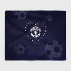 Плед флисовый Лого Manchester United в сердечке на фоне мячей, цвет: 3D-велсофт