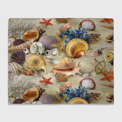 Плед флисовый Морские раковины, кораллы, морские звёзды на песке, цвет: 3D-велсофт