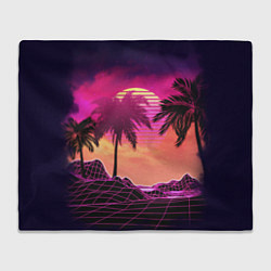 Плед флисовый Пальмы и пляж в розовом закате ретро дизайн, цвет: 3D-велсофт