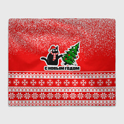 Плед флисовый С новым годом - котик и ёлка, цвет: 3D-велсофт