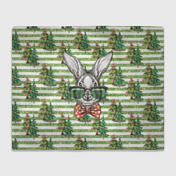 Плед флисовый Кролик в очках на фоне елок, цвет: 3D-велсофт