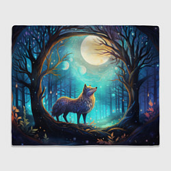Плед флисовый Волк в ночном лесу в folk art стиле, цвет: 3D-велсофт
