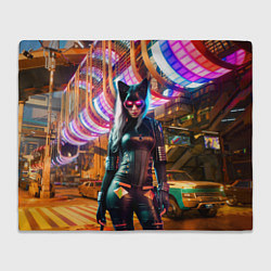 Плед флисовый Девчонка-кошка в ночном городе - киберпанк, цвет: 3D-велсофт