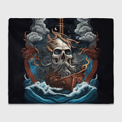 Плед флисовый Тату ирезуми черепа пирата на корабле в шторм, цвет: 3D-велсофт