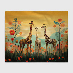 Плед флисовый Три жирафа в стиле фолк-арт, цвет: 3D-велсофт