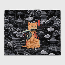 Плед флисовый Рыжий кот самурай с саблей, цвет: 3D-велсофт