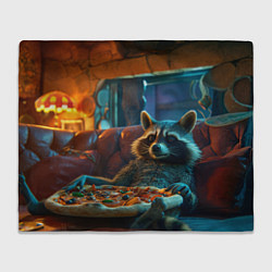 Плед флисовый Енот с пиццей на диване, цвет: 3D-велсофт