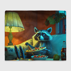 Плед флисовый Сонный енот с пиццей на диване, цвет: 3D-велсофт