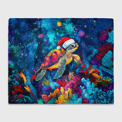 Плед флисовый Морская черепаха в шапке Санты, цвет: 3D-велсофт