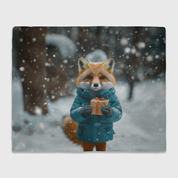 Плед флисовый Лисица держит подарок, цвет: 3D-велсофт