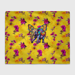 Плед флисовый Слон с крыльями бабочки на цветочном фоне, цвет: 3D-велсофт