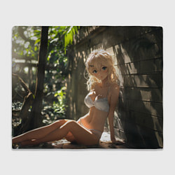 Плед флисовый Блондинка в белом белье в саду, цвет: 3D-велсофт