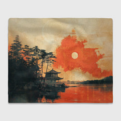 Плед флисовый Рыбацкий дом на закате, цвет: 3D-велсофт