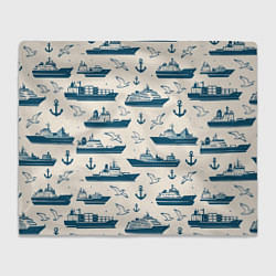 Плед флисовый Морской паттерн из чаек, якорей и кораблей, цвет: 3D-велсофт
