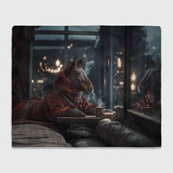 Плед флисовый Лошадь пьет кофе у окна, цвет: 3D-велсофт