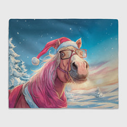 Плед флисовый Новогодняя лошадь в очках, цвет: 3D-велсофт