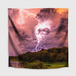 Скатерть для стола Грозовые разряды молний над лесным озером, цвет: 3D-принт