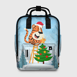 Рюкзак женский Тигр украшает новогоднюю елку, цвет: 3D-принт