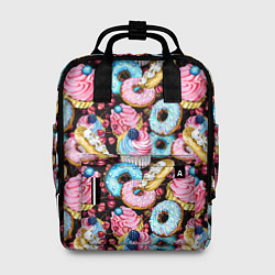 Рюкзак женский Узор из сладостей на черном фоне, цвет: 3D-принт
