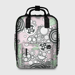 Рюкзак женский Абстрактные черно-белые круги в зелёных листьях, цвет: 3D-принт