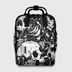 Рюкзак женский Черепа и розы на черном фоне, цвет: 3D-принт