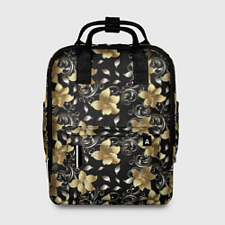 Рюкзак женский Золотые цветы на черном фоне, цвет: 3D-принт