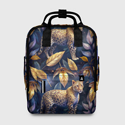 Рюкзак женский Леопард с золотыми листьями паттерны, цвет: 3D-принт