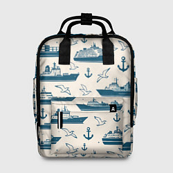 Женский рюкзак Морской паттерн из чаек, якорей и кораблей