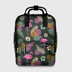 Женский рюкзак Фламинго и листья на темно-зеленом