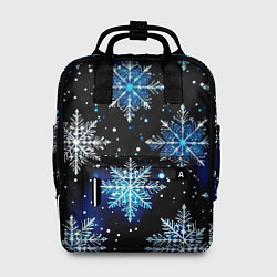 Рюкзак женский Стилизованный чёрно-синий со снежинками, цвет: 3D-принт