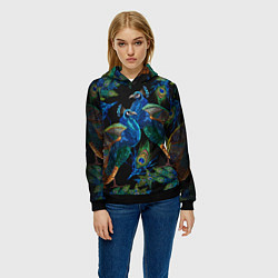 Толстовка-худи женская Павлины - вышивка гладью, цвет: 3D-черный — фото 2