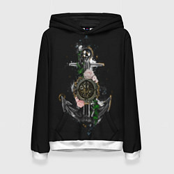 Толстовка-худи женская Якорь с компасом и цветами, цвет: 3D-белый