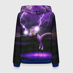 Толстовка-худи женская Кот и Молнии, цвет: 3D-синий
